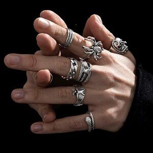24PC Set Silver Rings Goth Punk Spider Butterfly Poker - Brand New - Unisex